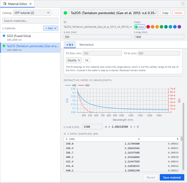 Material Editor with the GFF tutorial catalog holding the Gao Ta2O5 film and SiO2 (Fused Silica)